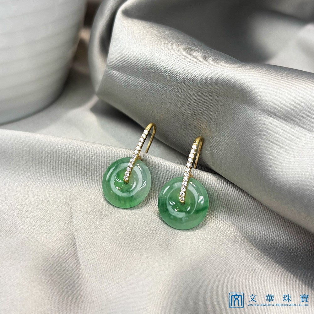 翡翠高冰飄綠平安扣黃K金鑽石耳環