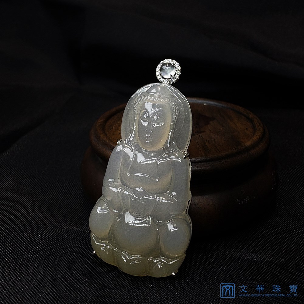 冰種帶茶金觀音翡翠玉墜