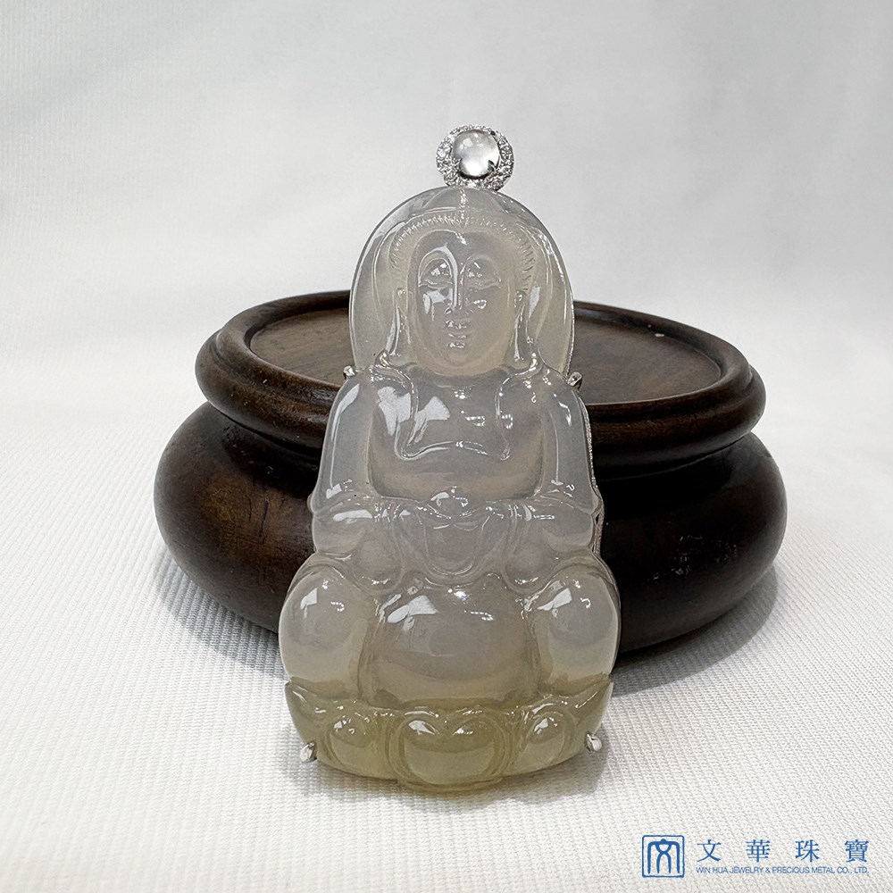冰種帶茶金觀音翡翠玉墜