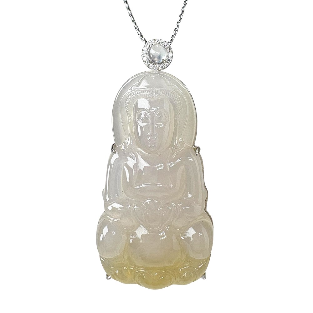 冰種帶茶金觀音翡翠玉墜