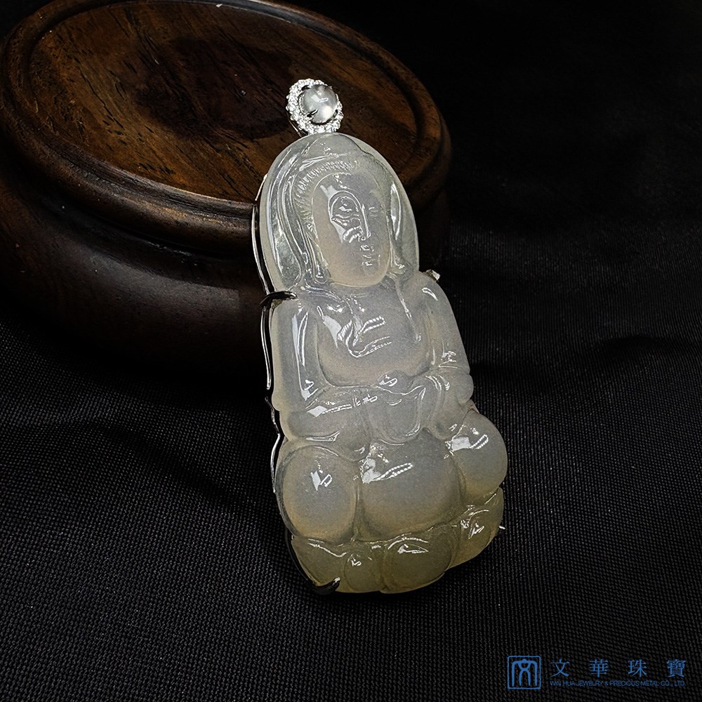 冰種帶茶金觀音翡翠玉墜