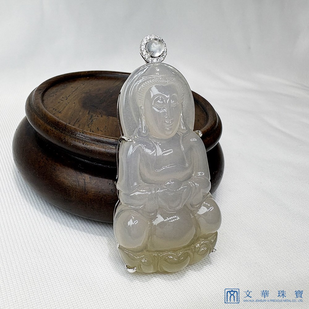 冰種帶茶金觀音翡翠玉墜