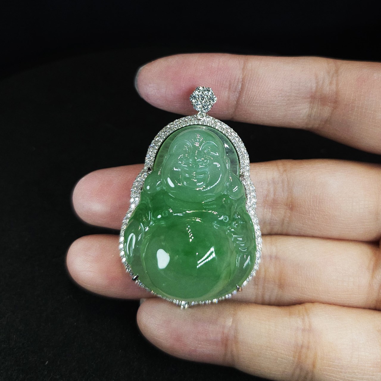 翡翠玻璃種翠綠彌勒佛鑽墜