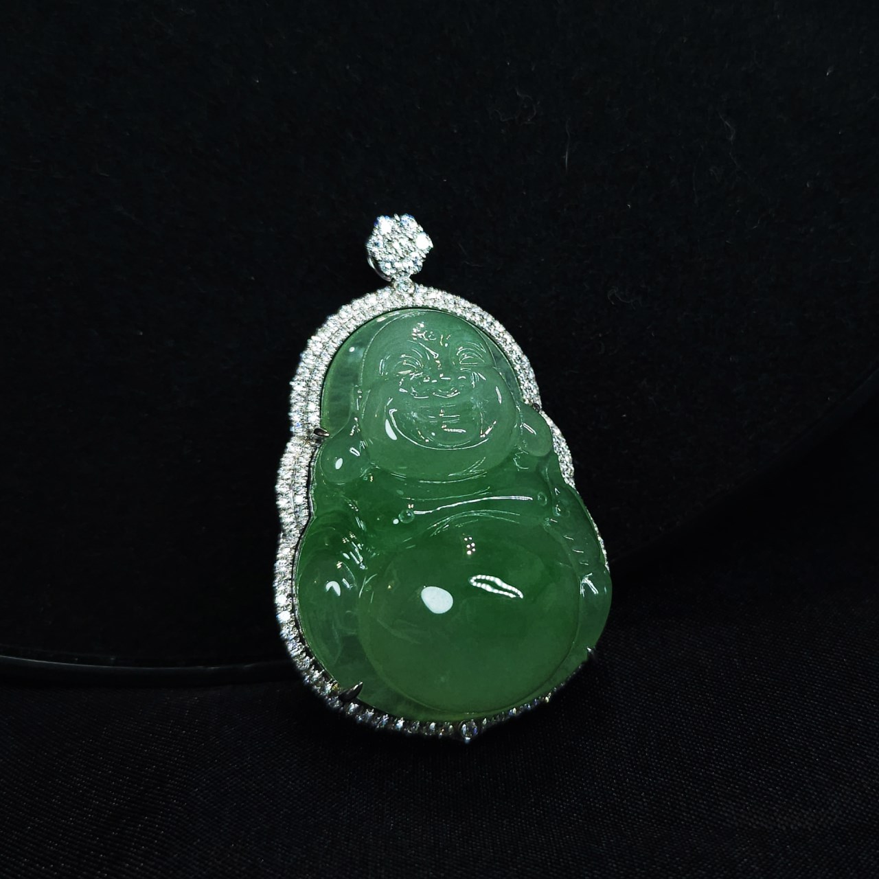 翡翠玻璃種翠綠彌勒佛鑽墜